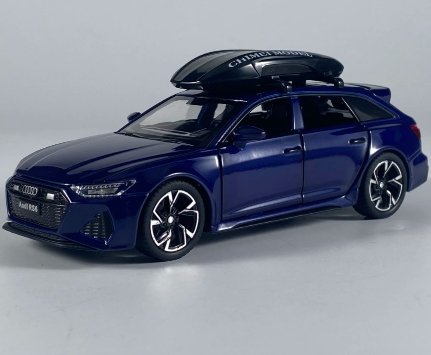 Automachetă Audi RS6 din Metal, 15 cm, Funcție Pull-Back, Uși, Capotă și Portbagaj Deschizătoare, Lumină și Sunet Albastru