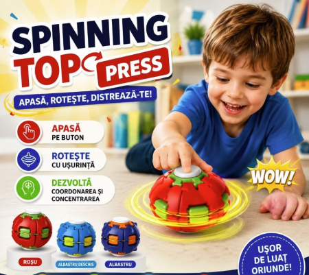JUCARII - Jucărie Antistres Spinner cu Buton, Rotire Rapidă, Fidget Toy pentru Copii, Culori Diverse, Model Aleatoriu