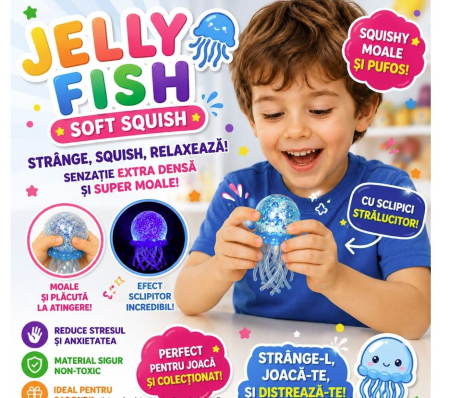 JUCARII - Jucărie Antistres Squishy Meduză cu Sclipici , 7 cm, Culoare Aleatorie, Moale și Elastică
