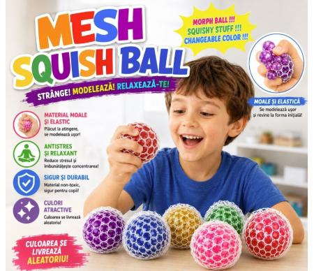 JUCARII - Jucărie Antistres Squishy Mesh Ball cu Bile de Gel – Minge Senzorială Elastică, Culoare Aleatorie