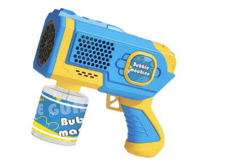 JUCARII - Jucarie interactiva Pistol de facut baloane de sapun, Bubble Machine, cu luminite, alimentare cu baterii, 15 x 13 x 6 cm, Albastru/Galben