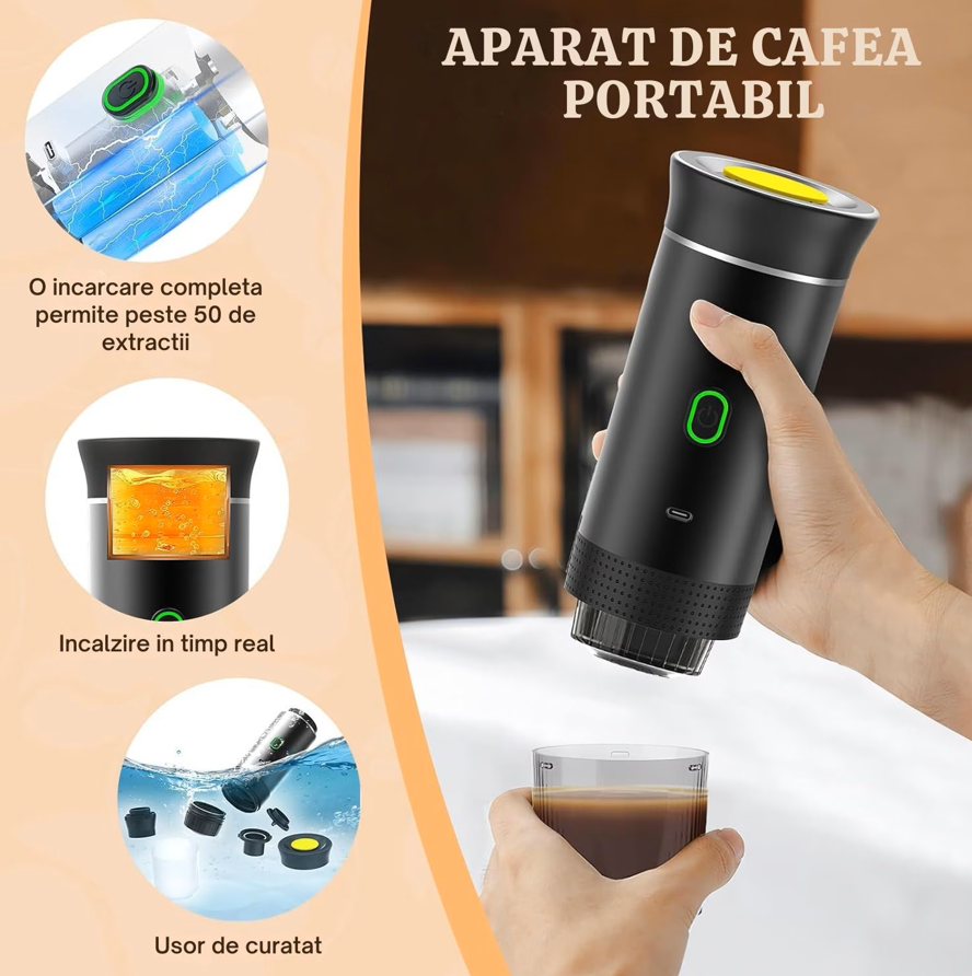 Espressor portabil , 3 in 1, Fara Fir, 20 Bar, Baterie 7500mAh, Compatibil cu capsule si cafea macinata, Incalzire automata, USB-C, Negru [10]