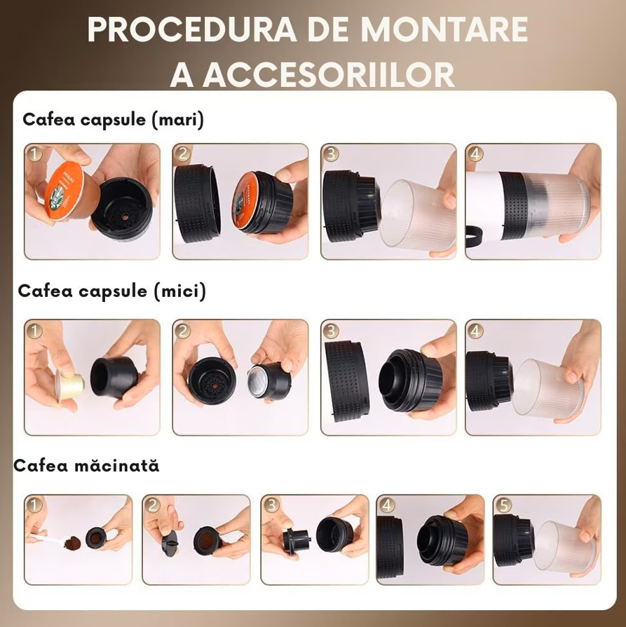 Espressor portabil , 3 in 1, Fara Fir, 20 Bar, Baterie 7500mAh, Compatibil cu capsule si cafea macinata, Incalzire automata, USB-C, Negru [7]