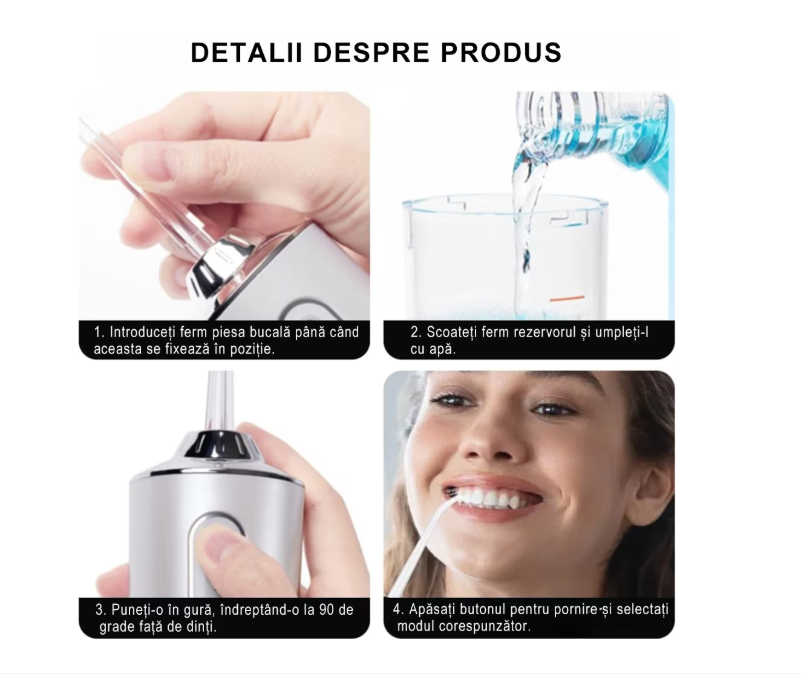 Irigator Oral Portabil, 3 Moduri de Jet (Soft, Normal, Pulse), Rezervor 230ml, 4 Duze, Incarcare USB, Impermeabil IPX7, Ideal pentru Igiena Dentara Zilnica, Verde [5]