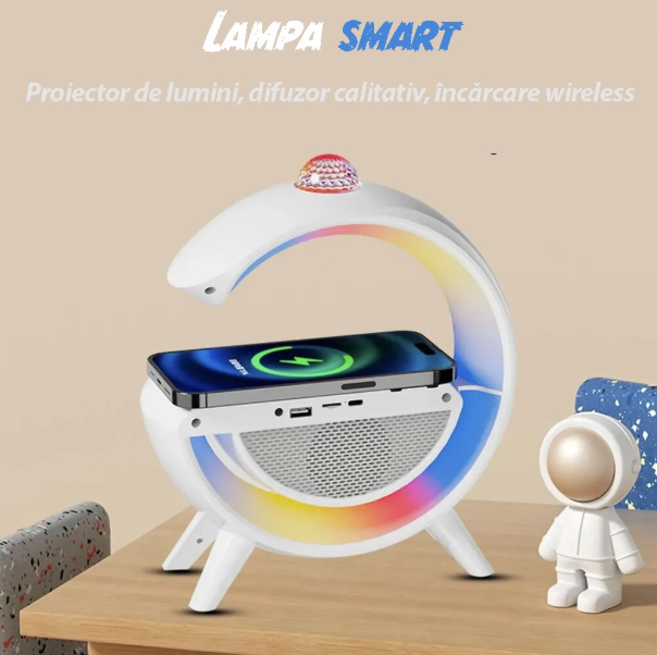 Lampa Smart ,Incarcare Wireless pentru Electronice, Wi-Fi, Conexiune Bluetooth si USB, Putere 15 W, Ceas Alarma, Sunete Albe, 13 Moduri de Culoare, 24x24 cm, Alb [3]