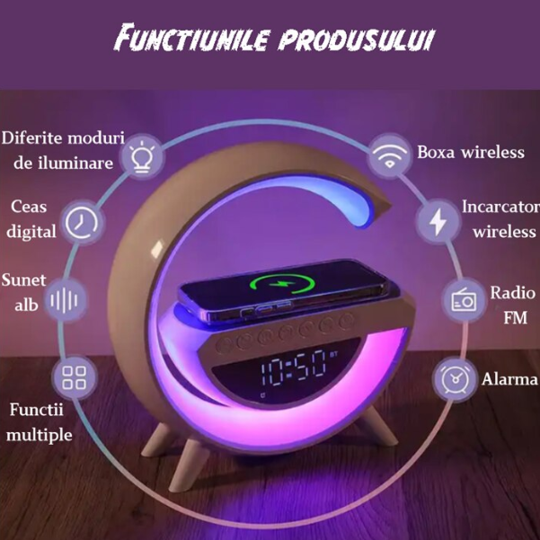 Lampa Smart ,Incarcare Wireless pentru Electronice, Wi-Fi, Conexiune Bluetooth si USB, Putere 15 W, Ceas Alarma, Sunete Albe, 13 Moduri de Culoare, 24x24 cm, Alb [4]