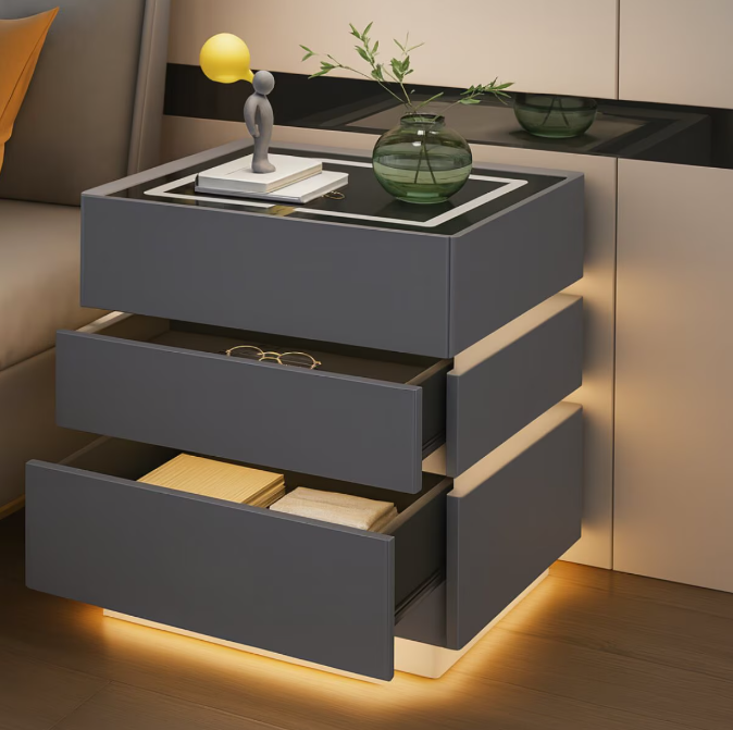 Noptieră inteligentă  multifuncțională, 3 sertare, LED-uri tactile,3 tipuri de culoare, încărcare fără fir, difuzor Bluetooth, incarcare  USB, sticla securizata,  marime  50*40*72,gri inchis [2]