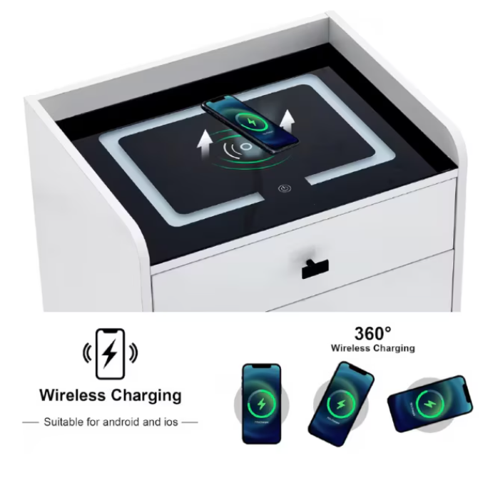 Noptieră inteligentă multifuncțională cu 2 sertare, LED-uri tactile, încărcare fără fir, difuzor Bluetooth, USB, sticlă securizată – 50 × 40 × 45 cm, gri inchis [5]