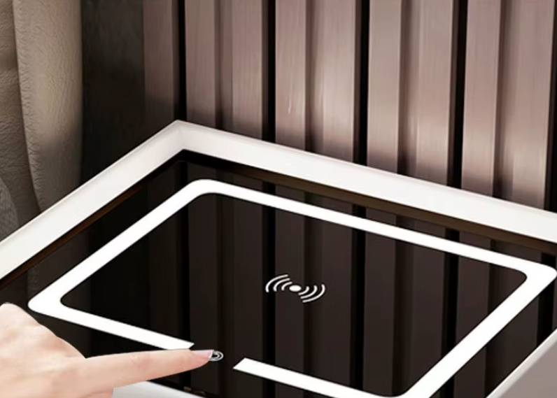 Noptieră inteligentă multifuncțională cu 2 sertare, LED-uri tactile, încărcare fără fir, difuzor Bluetooth, USB, sticlă securizată – 50 × 40 × 45 cm, gri inchis [3]