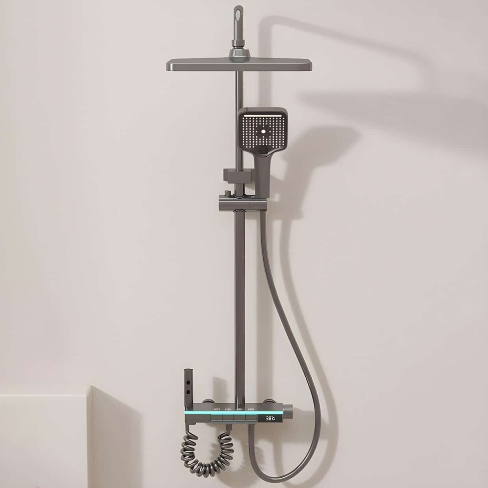 Set Coloana Dus Digital, Termostat, LED, Afisaj Temperatura, 4 Functii, Tip Ploaie, Montare Perete, Cupru Alama, Gri Grafit [2]
