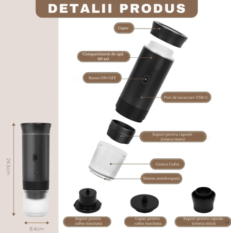 Espressor portabil , 3 in 1, Fara Fir, 20 Bar, Baterie 7500mAh, Compatibil cu capsule si cafea macinata, Incalzire automata, USB-C, Negru [7]