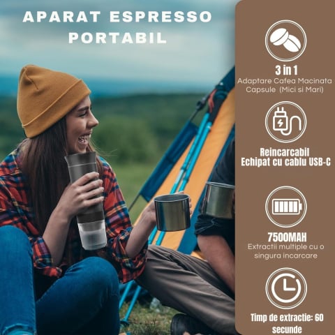 Casa si gradina - Espressor portabil , 3 in 1, Fara Fir, 20 Bar, Baterie 7500mAh, Compatibil cu capsule si cafea macinata, Incalzire automata, USB-C, Negru