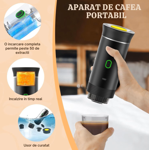 Espressor portabil , 3 in 1, Fara Fir, 20 Bar, Baterie 7500mAh, Compatibil cu capsule si cafea macinata, Incalzire automata, USB-C, Negru [9]