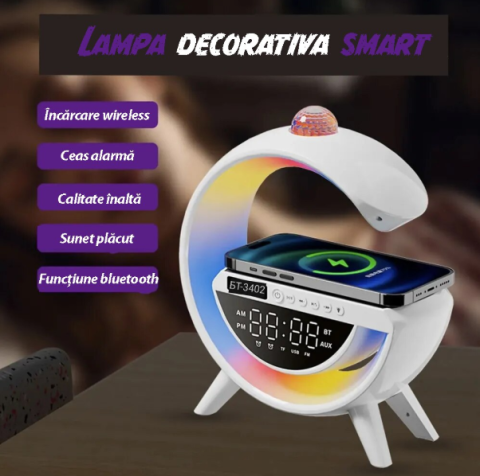 Casa si gradina - Lampa Smart ,Incarcare Wireless pentru Electronice, Wi-Fi, Conexiune Bluetooth si USB, Putere 15 W, Ceas Alarma, Sunete Albe, 13 Moduri de Culoare, 24x24 cm, Alb