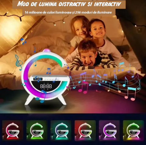 Lampa Smart ,Incarcare Wireless pentru Electronice, Wi-Fi, Conexiune Bluetooth si USB, Putere 15 W, Ceas Alarma, Sunete Albe, 13 Moduri de Culoare, 24x24 cm, Alb [1]