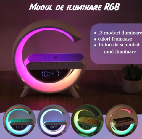Lampa Smart ,Incarcare Wireless pentru Electronice, Wi-Fi, Conexiune Bluetooth si USB, Putere 15 W, Ceas Alarma, Sunete Albe, 13 Moduri de Culoare, 24x24 cm, Alb [4]
