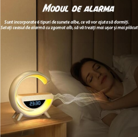 Lampa Smart ,Incarcare Wireless pentru Electronice, Wi-Fi, Conexiune Bluetooth si USB, Putere 15 W, Ceas Alarma, Sunete Albe, 13 Moduri de Culoare, 24x24 cm, Alb [5]