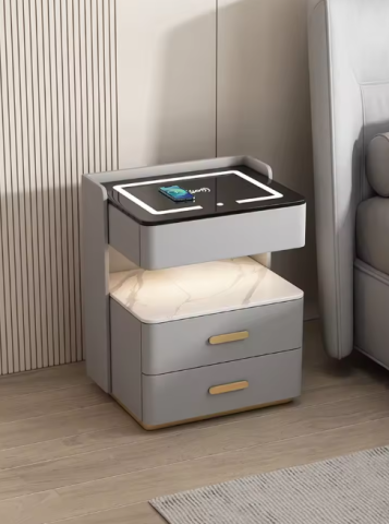 Casa si gradina - Noptiera inteligenta cu incarcare wireless, lumini LED reglabile, 3 sertare de depozitare, 50x40x56cm,gri deschis