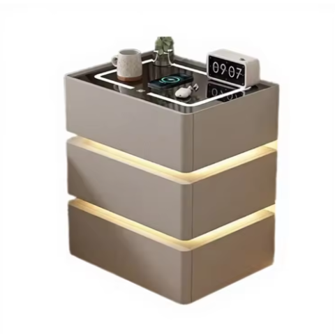 Casa si gradina - Noptieră inteligentă  multifuncțională, 3 sertare, LED-uri tactile,3 tipuri de culoare, încărcare fără fir, difuzor Bluetooth, incarcare  USB, sticla securizata,  marime  50*40*72,gri deschis