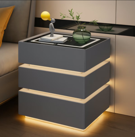Casa si gradina - Noptieră inteligentă  multifuncțională, 3 sertare, LED-uri tactile,3 tipuri de culoare, încărcare fără fir, difuzor Bluetooth, incarcare  USB, sticla securizata,  marime  50*40*72,gri inchis