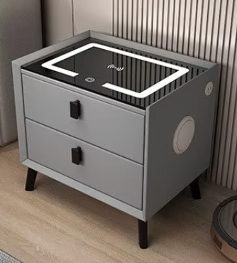 Casa si gradina - Noptieră inteligentă multifuncțională cu 2 sertare, LED-uri tactile, încărcare fără fir, difuzor Bluetooth, USB, sticlă securizată – 50 × 40 × 45 cm, gri inchis
