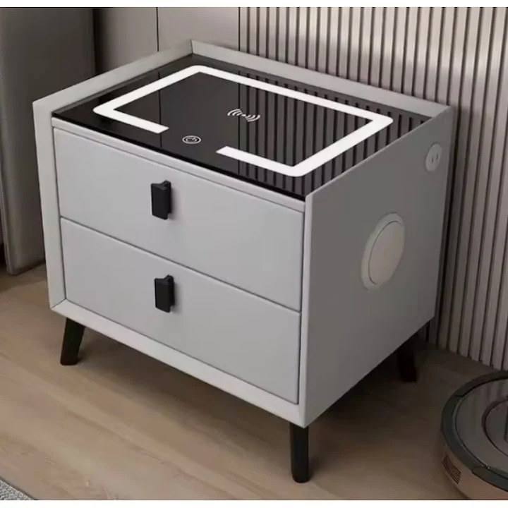 Casa si gradina - Noptieră inteligentă multifuncțională cu 2 sertare, LED-uri tactile, încărcare fără fir, difuzor Bluetooth, USB, sticlă securizată – 50 × 40 × 45 cm, gri inchis