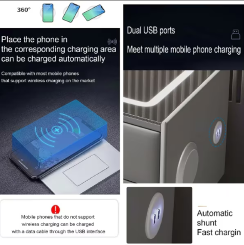 Noptieră inteligentă multifuncțională cu 2 sertare, LED-uri tactile, încărcare fără fir, difuzor Bluetooth, USB, sticlă securizată – 50 × 40 × 45 cm, gri inchis [3]