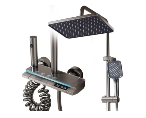 Casa si gradina - Set Coloana Dus Digital, Termostat, LED, Afisaj Temperatura, 4 Functii, Tip Ploaie, Montare Perete, Cupru Alama, Gri Grafit