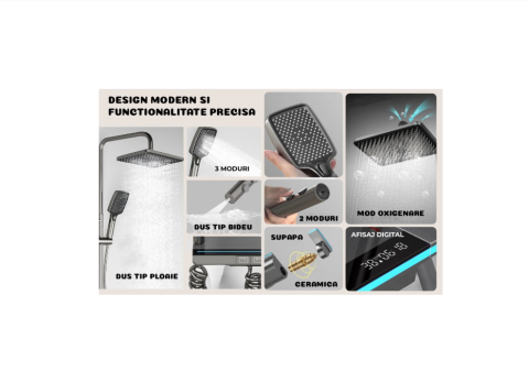 Set Coloana Dus Digital, Termostat, LED, Afisaj Temperatura, 4 Functii, Tip Ploaie, Montare Perete, Cupru Alama, Gri Grafit [3]