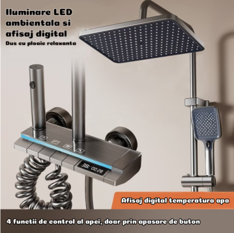 Set Coloana Dus Digital, Termostat, LED, Afisaj Temperatura, 4 Functii, Tip Ploaie, Montare Perete, Cupru Alama, Gri Grafit [2]