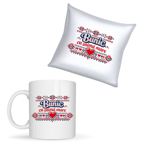 CADOURI PERSONALIZATE - Set Cadou pentru Bunic – Cană și Pernă Personalizate „Bunic cu inimă mare”