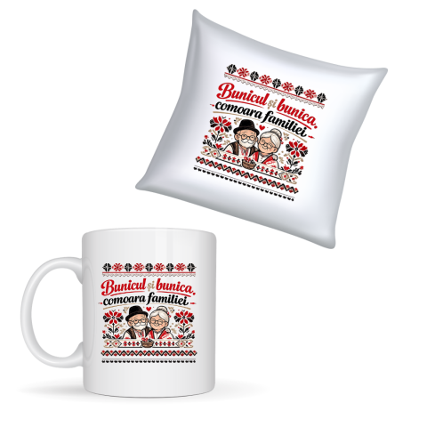 CADOURI PERSONALIZATE - Set Cadou pentru Bunici – Cană și Pernă Personalizate „Bunicul și bunica, comoara familiei”