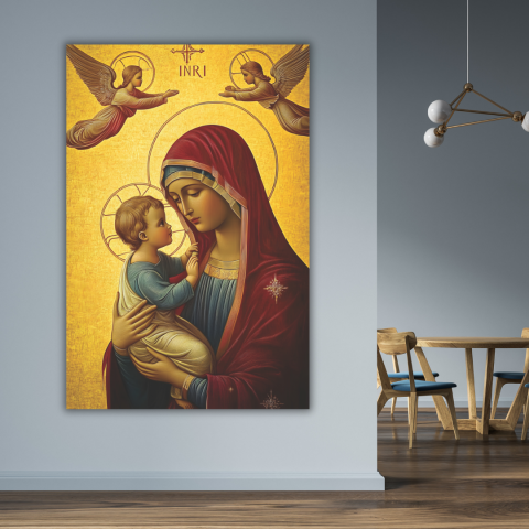 TABLOURI CANVAS CRESTINE - Tablou Canvas Fecioara Maria cu Pruncul Iisus – Icoana Religioasa Stil Bizantin cu Fundal Auriu