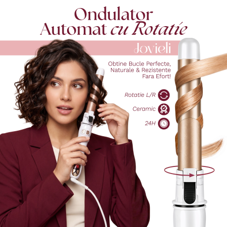 Produse - Ondulator de Par Automat, Ondulator Conic Rotativ pentru Bucle, Invelis Ceramic, 25mm, Control Directie Rotire Stanga/Dreapta, Protectie Avansata, Bucle Rezistente, Ecran Digital, Temperatura Reglabil
