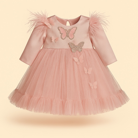 Hainute pentru bebelusa nostru - Rochita cu fluturasi, pietricele, pene si voal – Magia copilariei intr-o tinuta de poveste