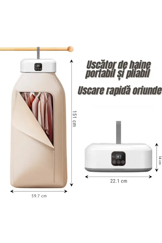 Uscator Electric Portabil pentru Haine, Mini-Uscator Compact cu Telecomanda, Sterilizare UV si prin Caldura, Zgomot Redus, Contine Sac pentru Uscare [3]