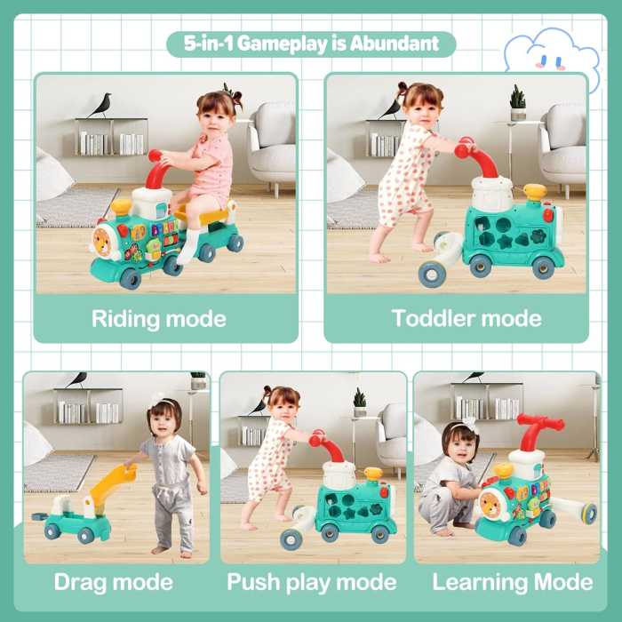 Antemergator 5 in 1, Locomotiva cu Aburi, Trenulet Ride-On cu Pian, Sortare Forme, Lumini, Joynix [5]