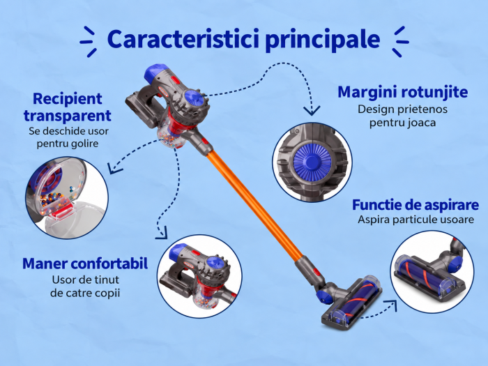 Aspirator de Jucarie pentru Copii, Functie de Aspirare pentru Particule Usoare, Fara Fir, 2 in 1 Vertical si de Mana, 3 Capete Interschimbabile, Joynix [2]
