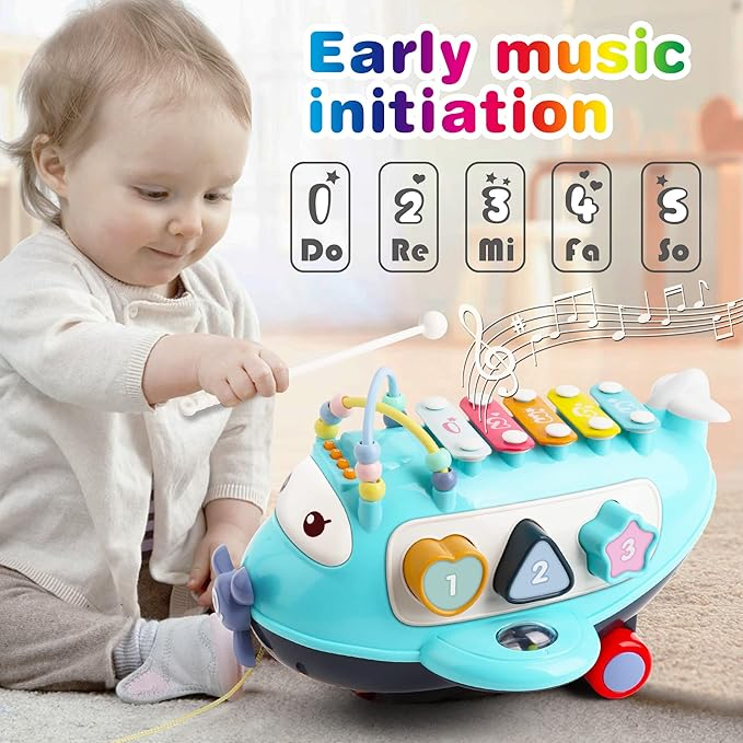 Avion de Jucarie pentru Bebelusi cu Xilofon, Sortare forme, Muzica si Lumini, Jucarii Montessori, Albastru [7]