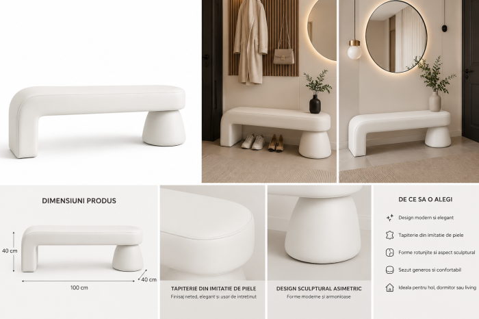 Bancheta Decorativa Moderna pentru Hol sau Dormitor, Design Asimetric, 100 x 40 x 40 cm, Alb [8]