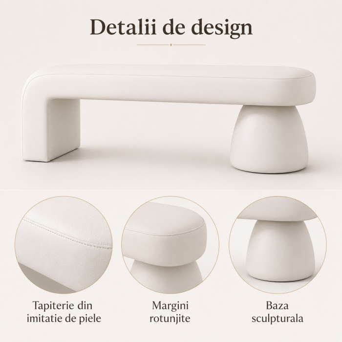 Bancheta Decorativa Moderna pentru Hol sau Dormitor, Design Asimetric, 100 x 40 x 40 cm, Alb [3]