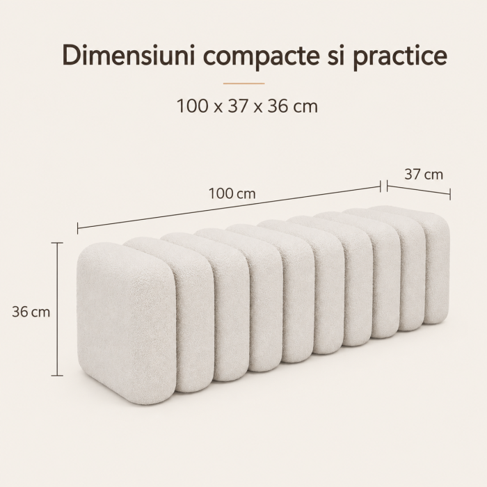 Bancheta Decorativa pentru Hol sau Dormitor, Design Modular Rotunjit, Material Boucle, Cadru din Lemn Masiv, 100x37x36 cm, Alb [4]