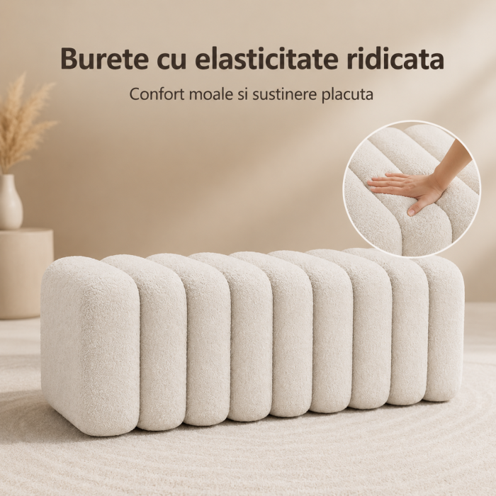 Bancheta Decorativa pentru Hol sau Dormitor, Design Modular Rotunjit, Material Boucle, Cadru din Lemn Masiv, 100x37x36 cm, Alb [6]