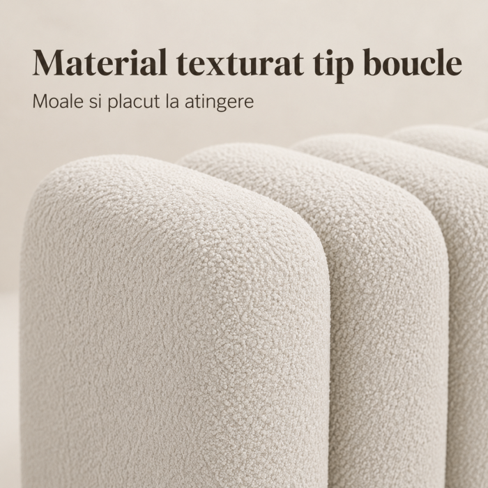 Bancheta Decorativa pentru Hol sau Dormitor, Design Modular Rotunjit, Material Boucle, Cadru din Lemn Masiv, 100x37x36 cm, Alb [2]