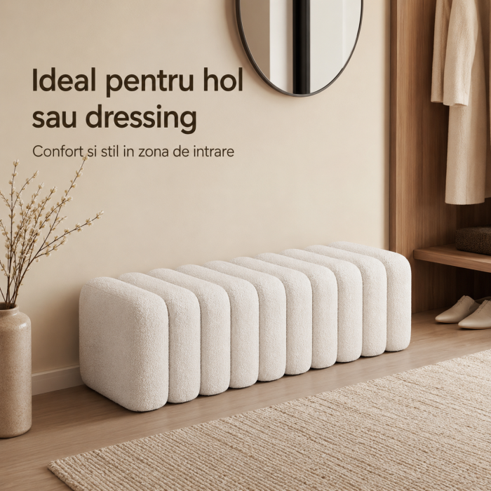 Bancheta Decorativa pentru Hol sau Dormitor, Design Modular Rotunjit, Material Boucle, Cadru din Lemn Masiv, 100x37x36 cm, Alb [3]