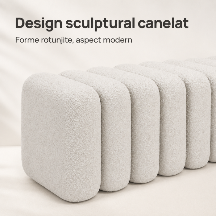 Bancheta Decorativa pentru Hol sau Dormitor, Design Modular Rotunjit, Material Boucle, Cadru din Lemn Masiv, 100x37x36 cm, Alb [5]