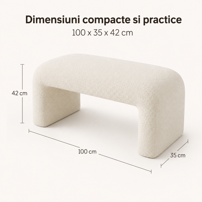 Bancheta Decorativa Tapitata pentru Hol sau Dormitor, 100x35x42 cm, Material Boucle/Teddy, Colturi Rotunjite, Design Modern, Alb Ivory [5]