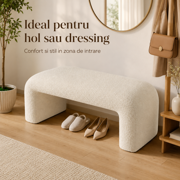 Bancheta Decorativa Tapitata pentru Hol sau Dormitor, 100x35x42 cm, Material Boucle/Teddy, Colturi Rotunjite, Design Modern, Alb Ivory [6]