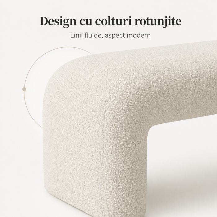 Bancheta Decorativa Tapitata pentru Hol sau Dormitor, 100x35x42 cm, Material Boucle/Teddy, Colturi Rotunjite, Design Modern, Alb Ivory [4]