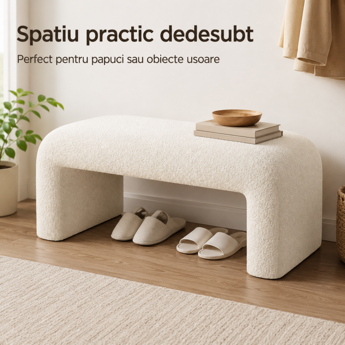 Bancheta Decorativa Tapitata pentru Hol sau Dormitor, 100x35x42 cm, Material Boucle/Teddy, Colturi Rotunjite, Design Modern, Alb Ivory [3]